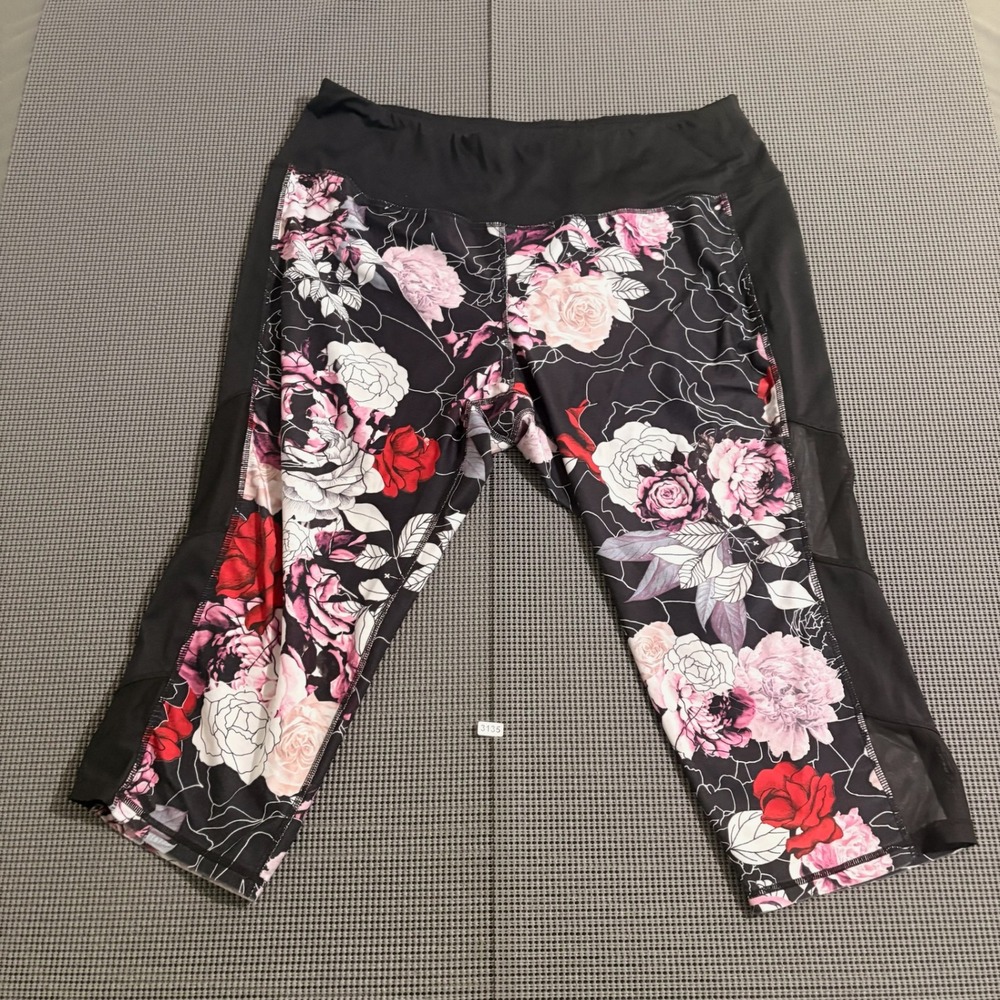 Bebe Sport Women 3X Black Floral Mesh Panel Cropped Leggings Activewear
